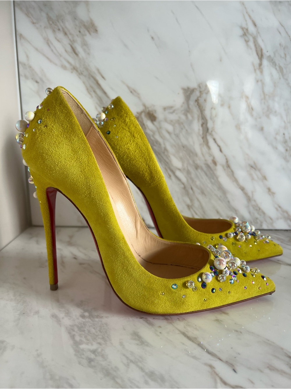 Christian Louboutin Candidate 120mm Cubiste Chartreuse Yellow Suede size 38.5 - Picture 2 of 8